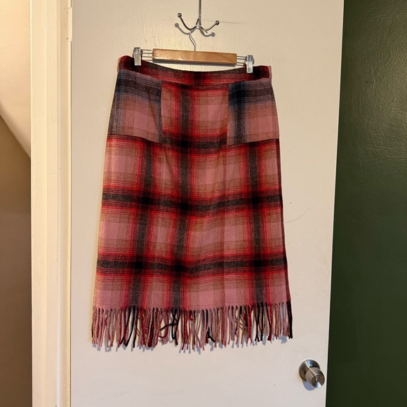 Anthropologie Maeve pink wool blend plaid fringe hem knee length pencil skirt - Picture 5 of 7